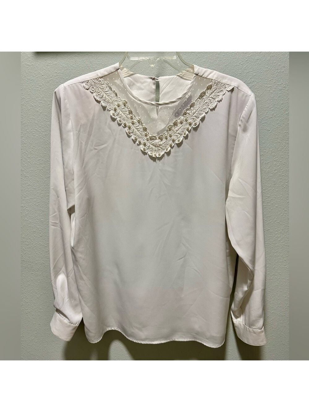 K B Lawrence White Long Sleeve Blouse - Pearl Embellishments - Sz 12 Vintage